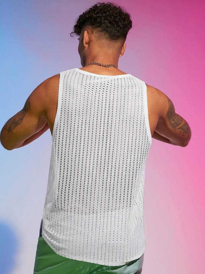 Men's Solid Hollow Out Rave Outfit Tank-Top